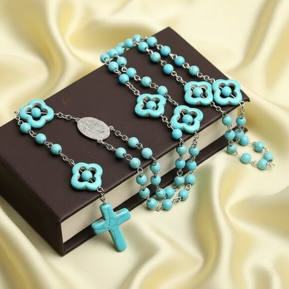 Turquoise Catholic Rosary Cross Religious Praying Fashion Necklace NWOT - Picture 7 of 10